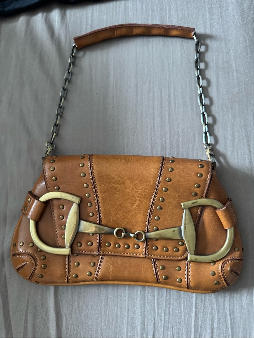 Rina Rich Brown Studded Horsebit Shoulder Bag Y2K Equestrian Chain Leather Purse
